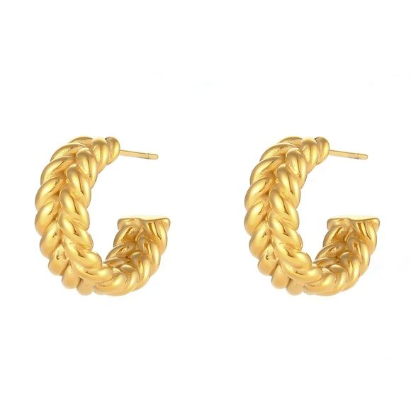 Vintage Woven C-Shape‎ Hoop Earrings 18K Gold Plated Stainless Steel - Picture 1 of 11